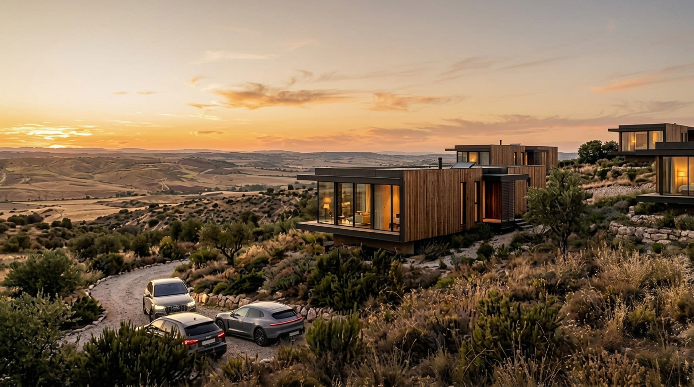 Casas modulares al atardecer en Chinchón