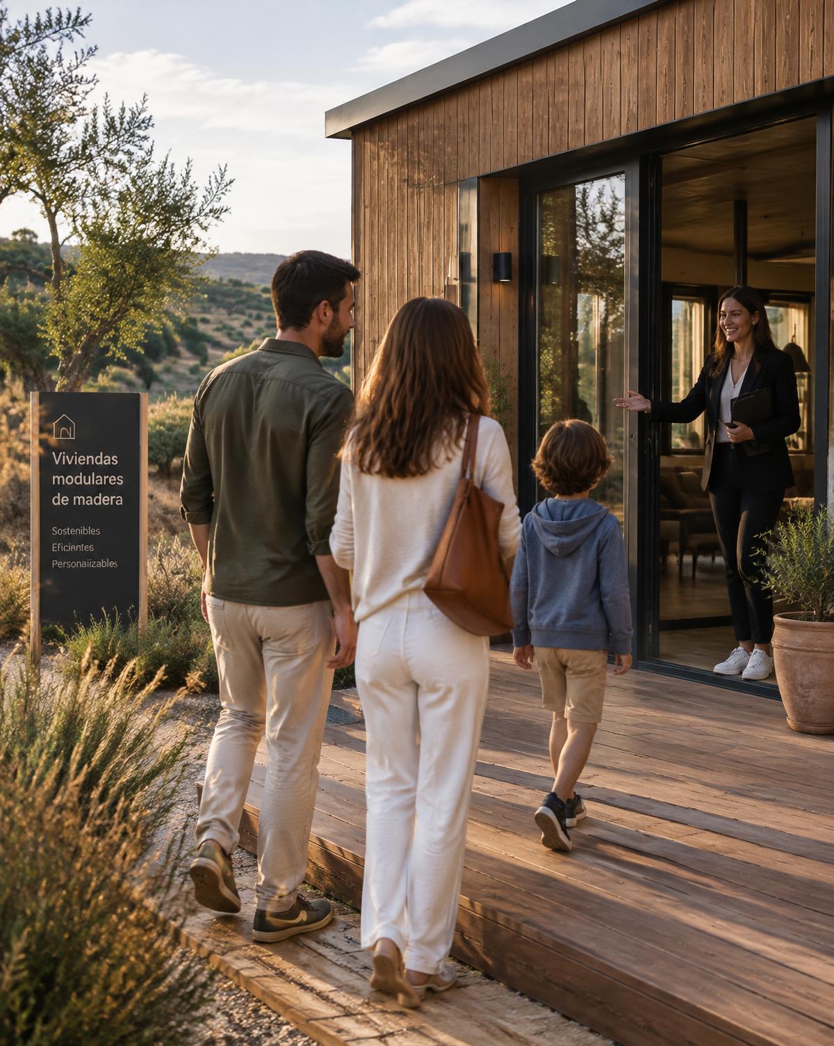 Familia visitando una casa modular